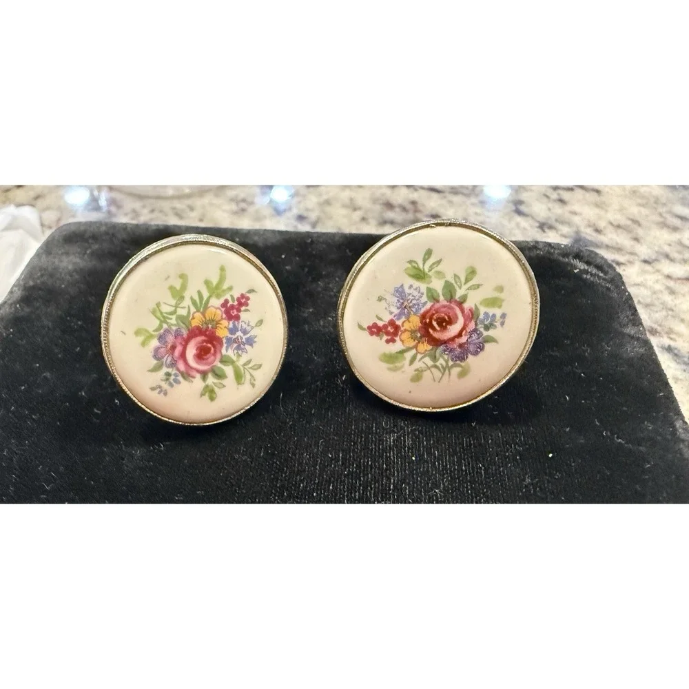 Vintage Porcelain Floral Cufflinks Gold Tone Hand Painted Style Mid Century